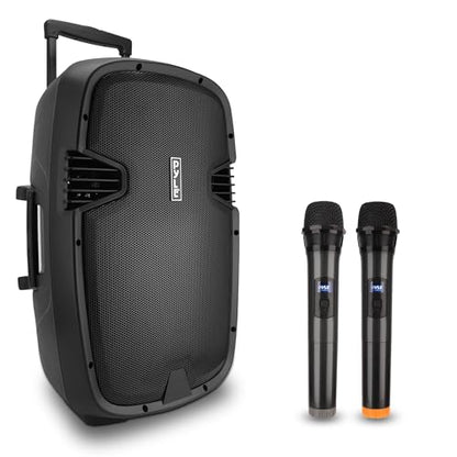Pyle 1600 Watt, 15" Bluetooth PA Speaker - Indoor / Outdoor Portable Sound System with (2) UHF Wireless Microphones, Rechargeable Battery, Audio Recording, USB/SD Readers, FM Radio (PPHP1535WMU)