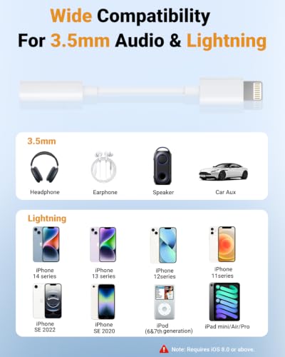 Lightning to 3.5mm Headphone Jack Adapter [Apple MFi Certified] Hi-Fi Stereo Sound, Full Function Control, Compatible with iPhone 14/13/12/11/X/8 & More – for Music, Calls & Car AUX White 1Pack - color: White