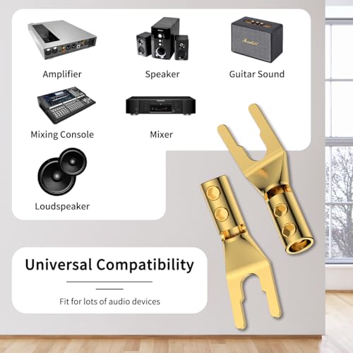 4PCS Spade Connectors,45 Degree Pure Copper Audio Fork Y Spade Plug DIY with Heat Shrink Tubing and Hex Wrench, Double Screw Locking Speaker Cable Plugs for Speaker Cables (Gold Plated) - color: Gold Plated with Heat Shrink Tube