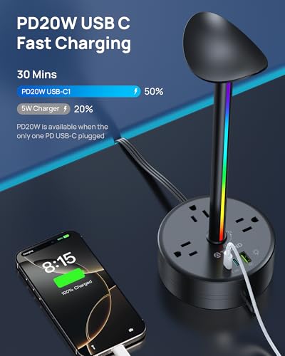 TROND Headphone Stand with PD 20W USB C Charger, RGB Gaming Headset Holder | 3 AC Outlets Extension, 5ft Retractable Power Strip Suitable for Gamer Desktop Table Game Earphone Accessories Gift