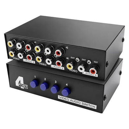 MEIRIYFA 4 Way AV RCA Switcher Splitter 4 in 1 Out 4 Port AV RCA Switch | 4-in-1 Composite Video L/R Audio Switcher Selector Box for DVD Player, Game Consoles TV Monitor Projector