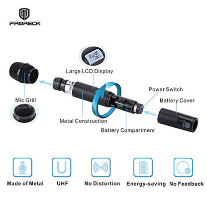 PRORECK MX44 4-Channel UHF Wireless Microphone System with 4 Hand-held Microphones Karaoke Machine for Party/Wedding/Church/Conference/Speech