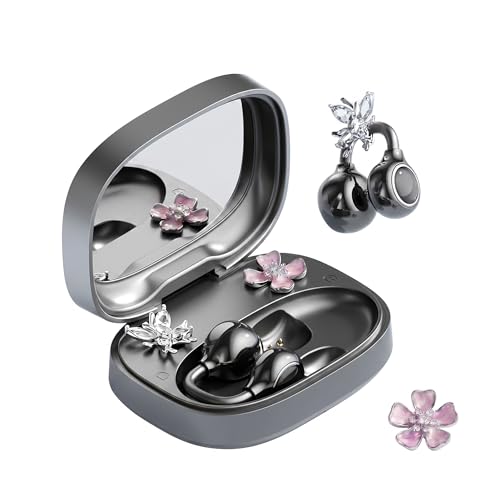 Open Ear Wireless Earbuds for Women with Makeup Mirror Charging Case, Clip-on Bluetooth 6.0 Headphones with Spatial Audio, Includes Flower & Butterfly Earrings, Long Battery Life (Black) - color: Black