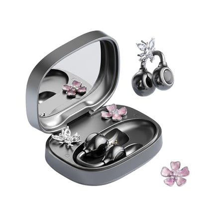 Open Ear Wireless Earbuds for Women with Makeup Mirror Charging Case, Clip-on Bluetooth 6.0 Headphones with Spatial Audio, Includes Flower & Butterfly Earrings, Long Battery Life (Black) - color: Black