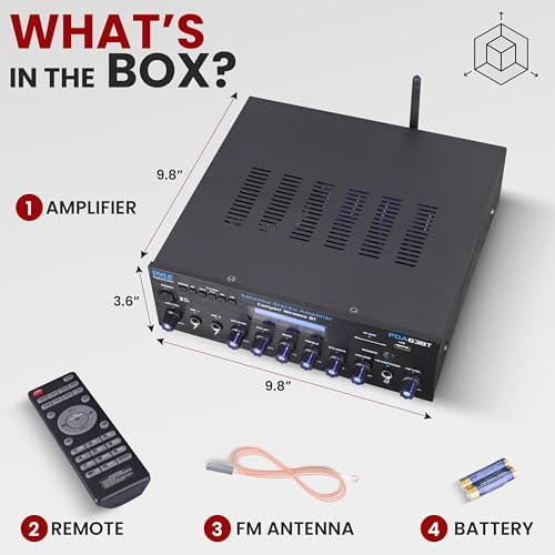 Pyle Wireless BT Stereo Amplifier - Multi Channel, 200 Watt Power, Home Audio Receiver System with FM Radio, BT, USB SD, AUX, RCA, Mic-in, BT and FM Antenna