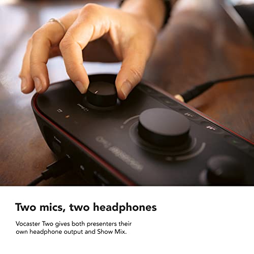 Focusrite Vocaster Two — Podcasting Interface for Recording Host and Guest. 2 Mic Inputs and Headphone Outputs, with Auto Gain, Enhance, and Mute. Small, Lightweight, and Powered by Computer | Podcasting Interface for Recording Host and Guest. 2 Mic Input