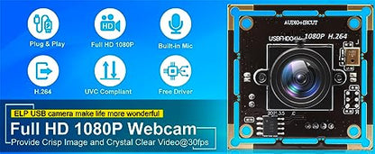 ELP H.264 1080P USB Camera Module with Microphone 2.8mm Wide Angle Webcam | FHD PC Camera for Computer & Laptop, UVC USB2.0 Lightburn Camera for Laser, Home Security, Embedded Machine Vision, Robotics - size: 2.8mm lens