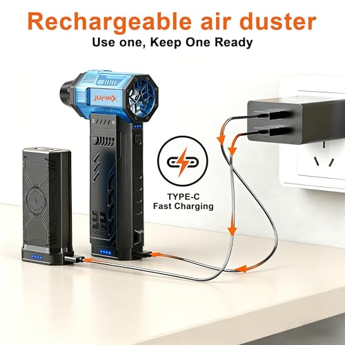 Electric air Duster，250,000RPM Super Power mini Blower,2 Swappable Battery | 3-speed adjustable rechargeable air duster with multiple nozzles，for cleaning car, keyboard, computer, leaves,home & outdoor.