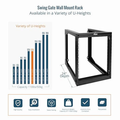 Tecmojo 12U Wall Mount Server Rack, Open Frame Network Rack for 19" Computer/AV/Data/IT/Media Equipment, 24" Depth, 16" Apart Mounting Holes, Swing Gate, Square and Tapped Holes - size: 12U/24" Depth (New)