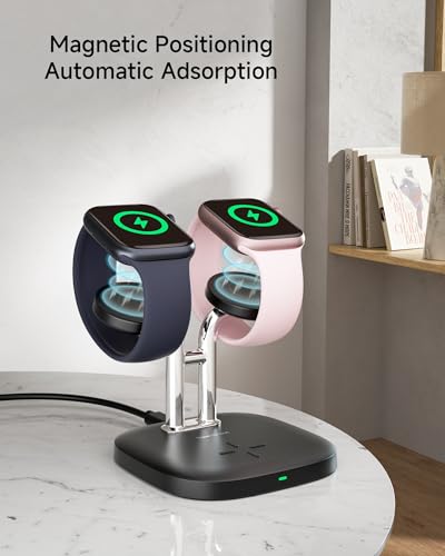 3 in 1 Dual Watch Wireless Charger Stand for Apple Watch Ultra/11 & AirPods | Dual magnetic watch charging, 5W Fast watch charge, Ergonomic design, Chrome plated plastic stand, Multi safety guard, 704A - color: Black & Silver