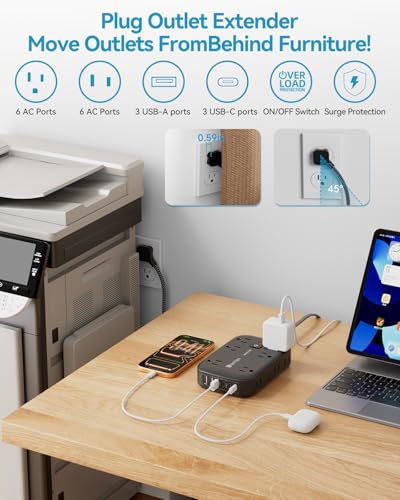 Power Strip Surge Protector with 12 Outlet and 6 USB Charging Station Black | The reset/off switch with overload protection. 1625W extension cord is made of PC shell, making it fireproof up to 1382 F. - size: 15FT