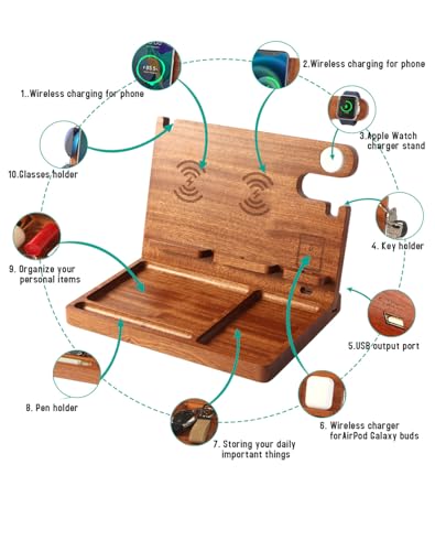 Nightstand Organizer with 4 Wireless Charger for 2 iPhone/Android Phone,Apple Watch,Airpod,Wood Phone Docking Station,27W Fast Wireless Charging Station,Wallet/Key Holder,Gift for Men Dad