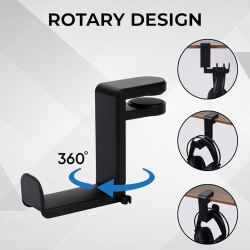 Headphone Stand for Desk - Clamp On Headset Holder with 360° Rotation & Cable Management - Universal Desktop Headphone Hanger Hook for All Headsets - color: Black, style: 360 Degree rotateable