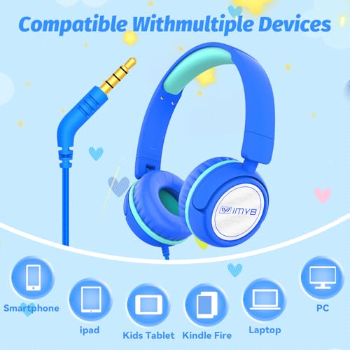 IMYB V1 Kids Headphones, Wired Stereo Foldable Tangle-Free 3.5mm Adjustable On-Ear Headphones for Kids for School/Toddlers/Childrens/Teens/Boys/Girls/Ipad/Tablet/Kindle/Phones/Travel/Plane (Blue-RV) - color: Blue-RV