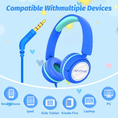 IMYB V1 Kids Headphones, Wired Stereo Foldable Tangle-Free 3.5mm Adjustable On-Ear Headphones for Kids for School/Toddlers/Childrens/Teens/Boys/Girls/Ipad/Tablet/Kindle/Phones/Travel/Plane (Blue-RV) - color: Blue-RV