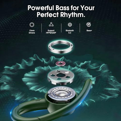 Wireless Sports Earbuds with Earhooks, 48H Deep Bass/ENC Mic Ear Bud Green | Wireless Earphone with LED Display, Bluetooth 5.3 Headphones In Ear, IPX7 Waterproof Over Ear Buds for Running/Workout - color: Green