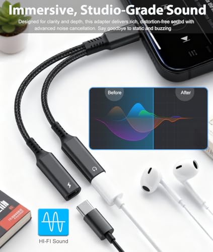 USB C Splitter 1 in 2 Out Dual Type C Headphone jack and Charger Adapter | 2in1 USB Type C Audio Jack Dongle with PD 60W Fast Charging Cable for iPhone 17 16 15 Pro Max, iPad, Samsung, LG More USBC