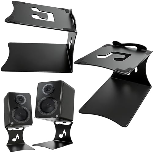 2 Pack Desktop Speaker Stands with Vibration Absorption Pads, Metal Bookshelf Speaker Riser Pair Support Up to 8 lbs Each, Desk Audio Stand, Studio Monitor Stand for Computer Speakers, Black