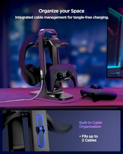 Spigen Gaming Controller and Headset Stand for PlayStation, Xbox, Nintendo Switch 2, Razer, Gaming Headphones and Headsets, Universal Desk Stand Mount, 2 Tiers with Storage Cable Organizer - Black