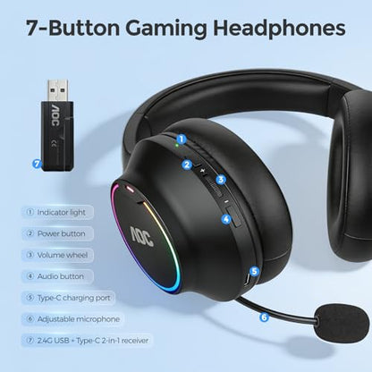 AOC Over-Ear Wireless Gaming Headset with Detachable Noise Cancelling Mic | Bluetooth 6.0 & 2.4GHz, RGB Lighting, Compatible with PS5, PS4, PC, Xbox, Switch