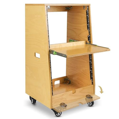 Sound Town DIY Slanted 16U Studio Rack (8U Top + 8U Lower), with 2U Bottom Storage, Slide-Out Tray, Caster, Plywood, Golden Oak for Recording Room, Home Studio (SDRK-ST16T) - size: 16U(8U Top + 8U Lower),Golden Oak