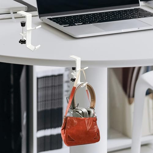 Desk Mount Headphone Hook Bag Holder Hook Clamp,Headphone Hanger and Backpack Hanger with Double Hooks,Universal Aluminum Alloy Gaming Headphone Stand Under Desk (White) - color: White