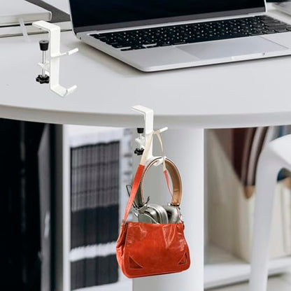 Desk Mount Headphone Hook Bag Holder Hook Clamp,Headphone Hanger and Backpack Hanger with Double Hooks,Universal Aluminum Alloy Gaming Headphone Stand Under Desk (White) - color: White