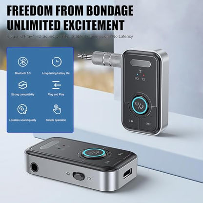 Bluetooth 5.3 Transmitter Receiver 3.5mm AUX Adapter 2 in 1 Wireless Audio Adapter for Vehicles and Home Stereos