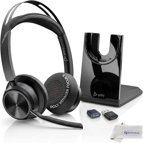 Plantronics Poly Voyager Focus 2 UC Bluetooth Headset with Charging Stand, USB-C/A Adapters, Connects to Teams, Zoom and Phone Calls on Laptops PC/Mac and Cellphones, Enhances Audio, GTW Cloth - color: Stand-USB A, style: Focus 2-Standard