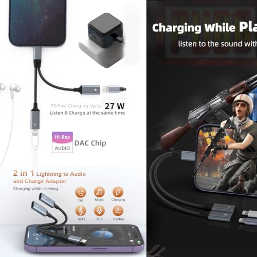 Opluz iPhone Splitter for Charging and Headphone,2 in 1 Dual Lightning Splitter for Earphone, iPhone Audio and Charge Adapter Dongle Cable for Phone 14/13/12/11/pad