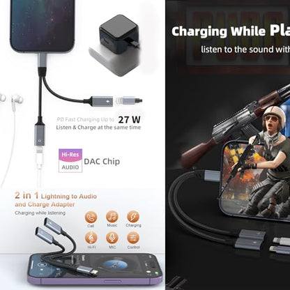 Opluz iPhone Splitter for Charging and Headphone,2 in 1 Dual Lightning Splitter for Earphone, iPhone Audio and Charge Adapter Dongle Cable for Phone 14/13/12/11/pad