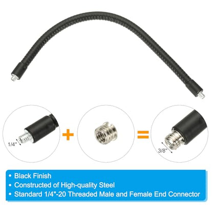 PATIKIL 12" Gooseneck, 1/4"-20 Male to Male Thread Metal Universal Hose Flexible Arm Gooseneck Tube Extension Holder with Reducing Screws for Action Camera, Phone, Microphone, Black - size: 30cm