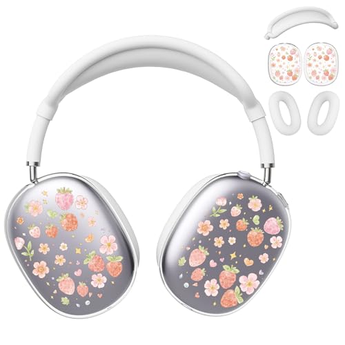 for AirPods Max Headphones Strawberry Ear Covers for AirPods Max 2 | Cute Flower Clear Ear Cups Cover | White Silicone Ear Pad Case Headband Cover for Apple AirPods Max 2/1 (2026/2024/2020) - color: Strawberry B/White