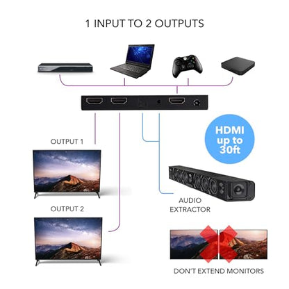 OREI 1x2 2.0 HDMI Splitter with Scaler Audio Extractor 2 Ports with Full Ultra HDCP 2.4K at 60Hz & 3D Supports EDID Control - UHDS-102A | HDMI 2.0b, HDCP2.2/HDCP1.4 compliant. Supports digital and analog audio extract output from HDMI source. - style: 1X2