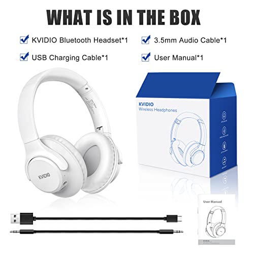 KVIDIO Bluetooth Headphones Over Ear, 65 Hours Playtime Wireless Headphones with Microphone, Foldable Lightweight Headset with Deep Bass, HiFi Stereo Sound Low Latency for Laptop PC Cellphone - color: White