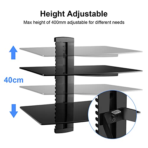 Suptek Glass Floating Shelves, TV Wall Mount with Shelf for DVD Player / PS4 / Cable Boxes/Game Consoles/Sky Box/TV Accessories, Flat Black 2-Tier Wall Mount Bracket - color: Black 2 Tier