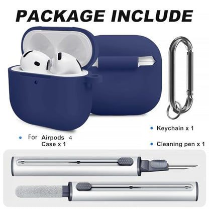 Silicone Case Cover for AirPods 4th Gen, Soft Skin, Full Protection, Keychain, Cleaner Kit (Midnight Black) - color: A7-Midnight Blue