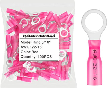 haisstronica 100PCS Heat Shrink Ring Terminals, 22-16 AWG, 5/16 in, Red | Battery and Ground Stud Connections, 0.7 mm Copper Barrel, 3:1 Adhesive-Lined Seal, Automotive Wiring Repairs, Ring Connector - color: Red, size: Ring 5/16"
