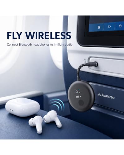 Avantree SoundJet R1 - Airplane Bluetooth Adapter for AirPods, 25H | Qualcomm aptX Adaptive & HD, dual-headphone pairing, 25-hour battery, USB-C charging, and single/dual airline plugs - color: 6. Metallic Black