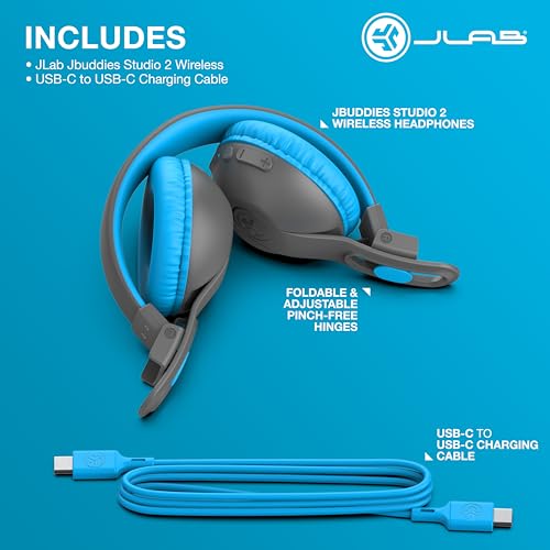 JLab, JBuddies Studio 2, Kids Wireless Headphones, On Ear, Bluetooth, Volume Limiter, Share Mode, Foldable, Grey/Blue