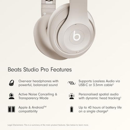 Beats Studio Pro Premium Wireless Over-Ear Headphones- Up to 40-Hour Battery Life, Active Noise Cancelling, Great for Travel & Commuting, USB-C Lossless Audio, Apple & Android Compatible - Sandstone | Noise canceling audio with Bluetooth connectivity, mic