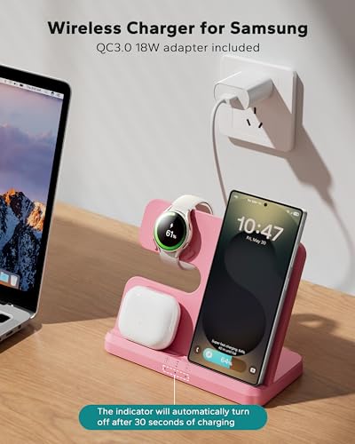 Wireless 3 in 1 Charging Station for Samsung, Phone and Watch Charger for Galaxy S25 Ultra/S24/S23/Z Fold, Wireless Charging Dock for Samsung Watch Galaxy 8/7/6/5, Galaxy Buds 3/2/Pro - color: Pink