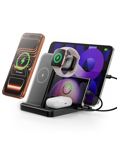 Multiple Devices Charging Station, 5-in-1 Charging Station for iPhone 17 Pro Max/Pro/16/15/14/13/12, iPad Pro/Air/Mini, Apple Watch and Airpods,Wireless Charging Dock(G805) (Black) - color: Black