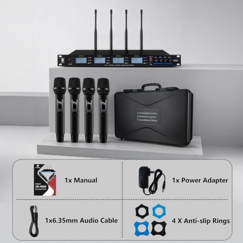 PRORECK UK-4000 UHF 4 Channel Wireless Microphone System with Four Handheld Microphone, 500 Selectable Frequency Range, Perfect for Home Karaoke/smallgatherings (UK-4000)