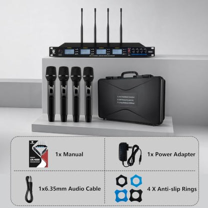 PRORECK UK-4000 UHF 4 Channel Wireless Microphone System with Four Handheld Microphone, 500 Selectable Frequency Range, Perfect for Home Karaoke/smallgatherings (UK-4000)