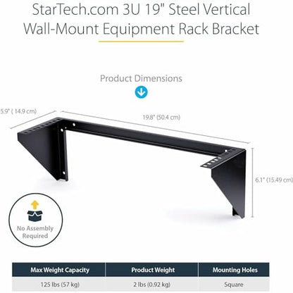 StarTech 3U Vertical Wall-Mount Rack Bracket, 19in, 150lb, TAA (RK319WALLV) | Open-frame L-shaped rack bracket for data, AV, IT and computer equipment, EIA-310, Any depth, 68kg - size: 3U
