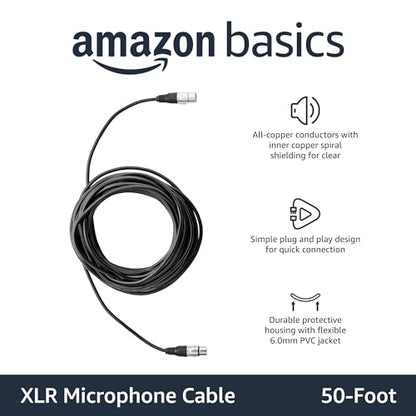 Amazon Basics XLR Microphone Cable for Speaker or PA System, Recording Studio, All Copper Conductors, 6MM PVC Jacket, 50 Foot, Black (Pack of 2) - size: 50 Feet (Pack of 2), style: 1-Pack