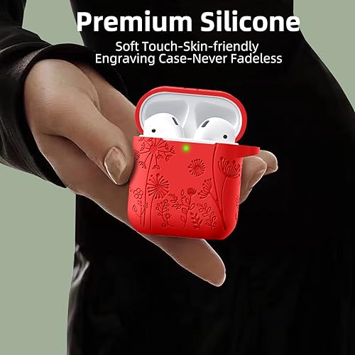 Lerobo for AirPod Case 2nd/1st Generation with Keychain for Women Girl | Flower Engraved Silicone Cover for AirPods 1 Case, Wireless Charging, Shockproof, One-piece Design, Red - color: Red