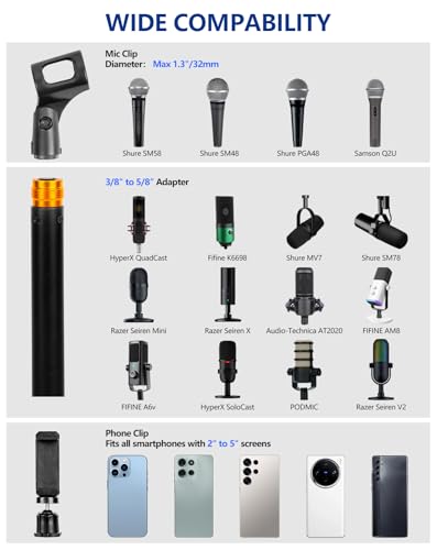 Desktop Microphone Stand with Microphone and Cell Phone Clip | 1.5 lbs Weighted Base, Adjustable Height, with 5/8" to 3/8" Metal Adapter Phone holder for Podcast, Recording, Livestream - size: Upgraded 101S