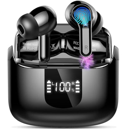 Wireless Earbuds, 2026 Bluetooth 5.4 Headphones NEW Ear Buds 40H Bass Stereo in-Ear Earphones ENC Noise Cancelling Earbuds with 4 HD Mic, USB-C LED Display IP7 Waterproof Sport Headset for Android iOS - color: Dark Black